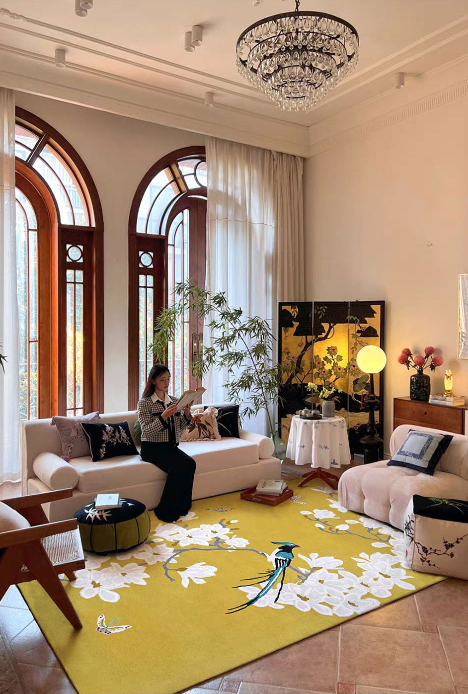 Magnolia & Bird Hand-Tufted Wool Rug - Oriental Serenity